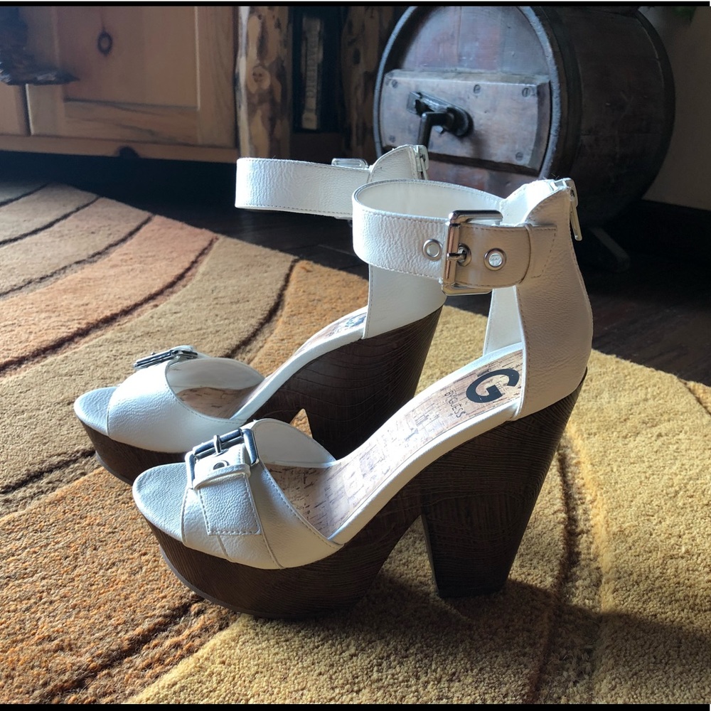 Guess white chunky heels